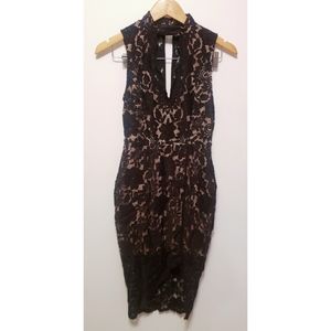 Scalloped Lace Halter Shealth Bodicon Black Beige Nude Lining Dress